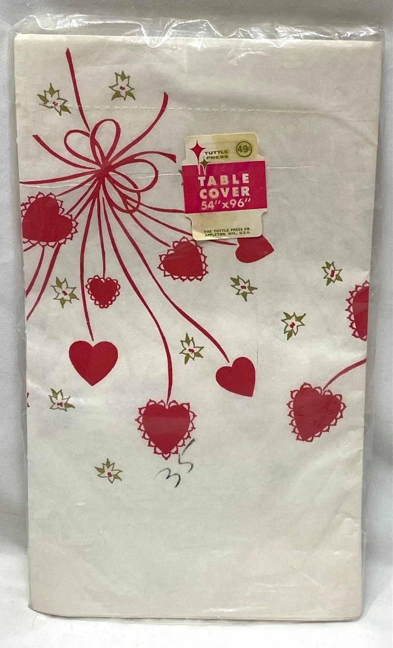 VTG VALENTINE'S DAY Red Heart Bow Paper Tablecloth Cover 54